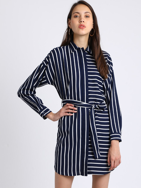 

Besiva Women Navy Blue Striped Shirt Dress