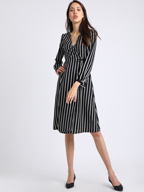 

Besiva Women Black Striped Wrap Dress
