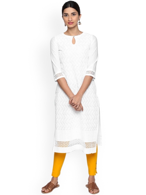 

NAARI Women White Embroidered Straight Kurta