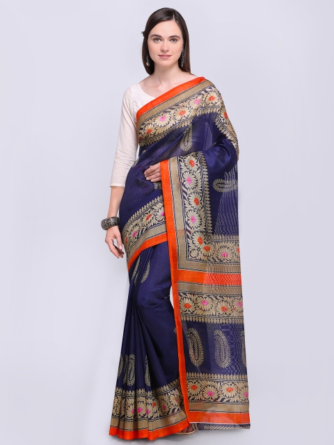 

Saree mall Navy Blue Art Silk Printed Bhagalpuri Saree