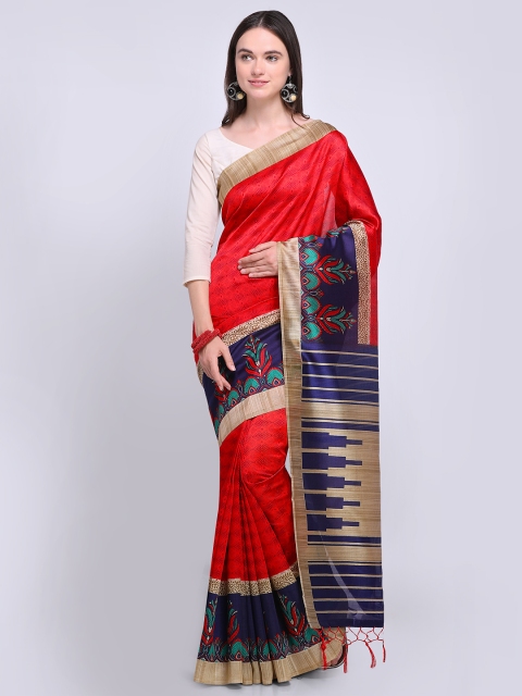

Saree mall Red & Navy Blue Art Silk Printed Bhagalpuri Saree