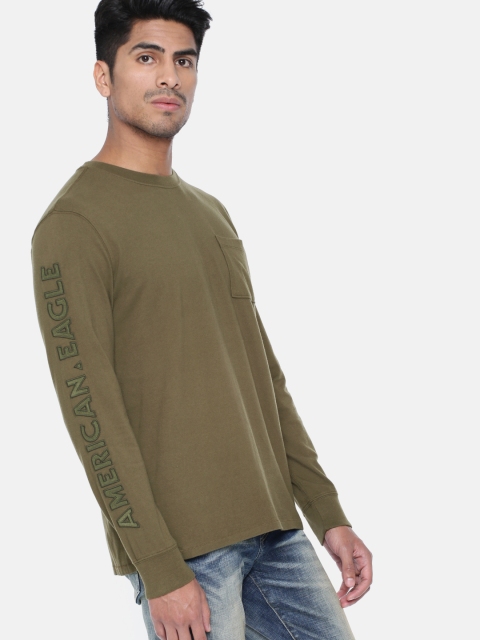 

AMERICAN EAGLE OUTFITTERS Men Olive Green Solid Round Neck T-shirt