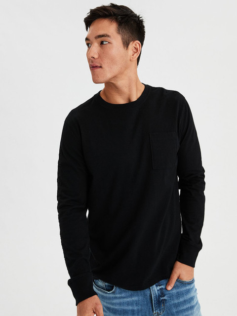 

AMERICAN EAGLE OUTFITTERS Men Black Solid Round Neck T-shirt