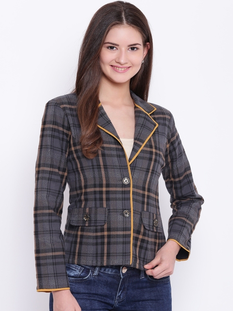 

Texco Women Grey Checkerd Single-Breasted Pure Cotton Blazer