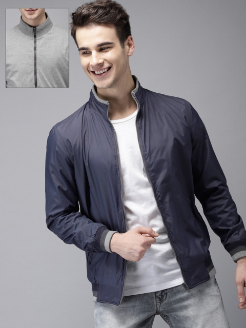 

HERE&NOW Men Grey Melange & Navy Blue Solid Reversible Bomber Jacket