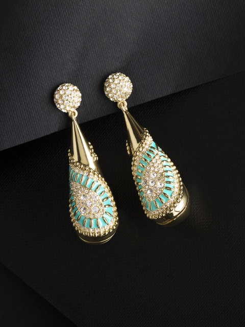 

shaze Gold-Plated & Green Teardrop Shaped Drop Earrings