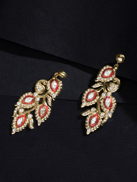 

shaze Gold-Plated & Red Leaf Shaped Antique Cubic Zirconia Drop Earrings