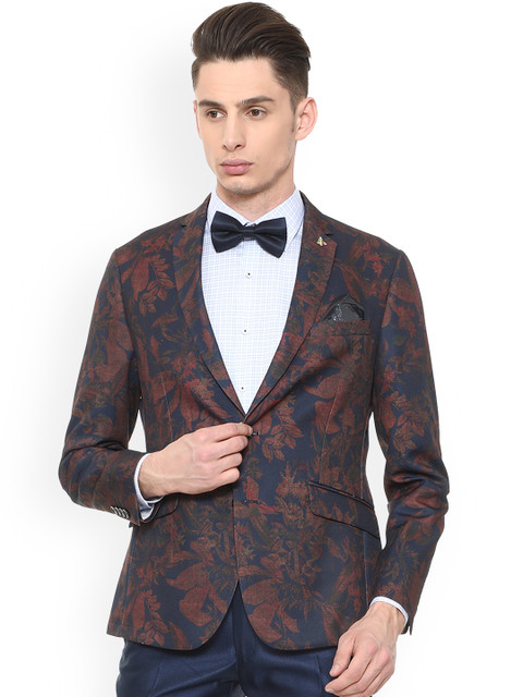 

V Dot Men Blue Floral Print Slim Fit Single-Breasted Blazer