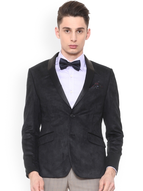 

V Dot Men Black Self-Design Slim Fit Single-Breasted Tuxedo Blazer