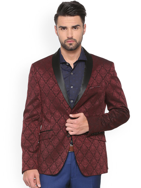 

V Dot Men Maroon Checked Slim Fit Single-Breasted Tuxedo Blazer