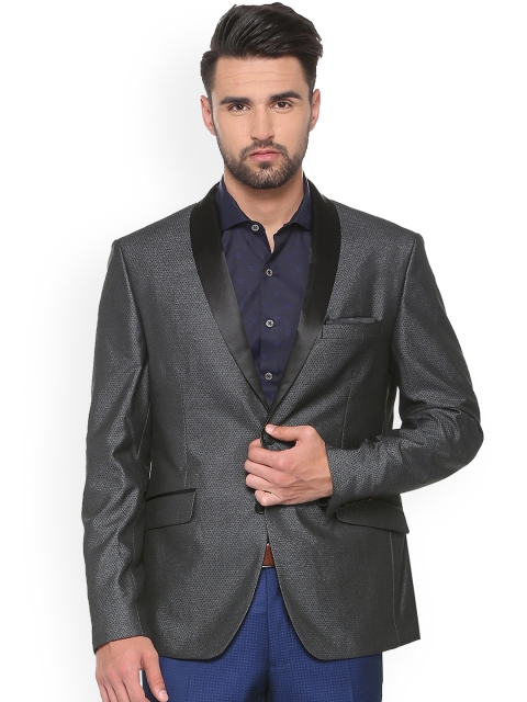 

V Dot Men Grey Self-Design Slim Fit Single-Breasted Tuxedo Blazer