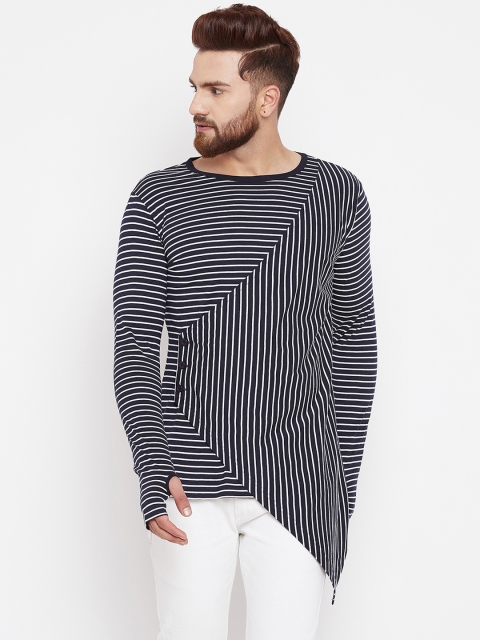 

Hypernation Men Navy Blue & White Striped Round Neck T-shirt