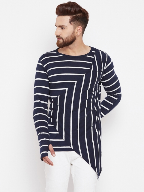 

Hypernation Men Navy Blue & White Striped Round Neck T-shirt