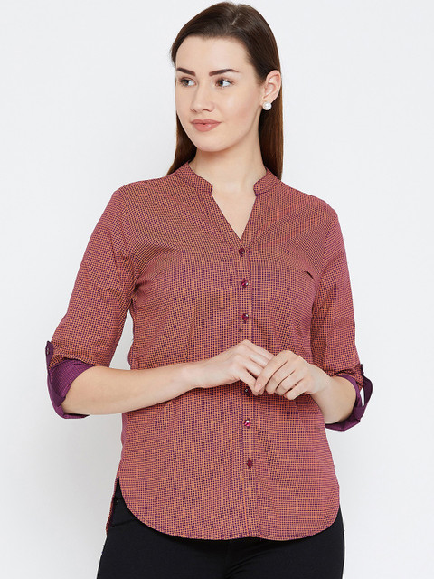 

Ruhaans Women Orange & Purple Regular Fit Checked Casual Shirt