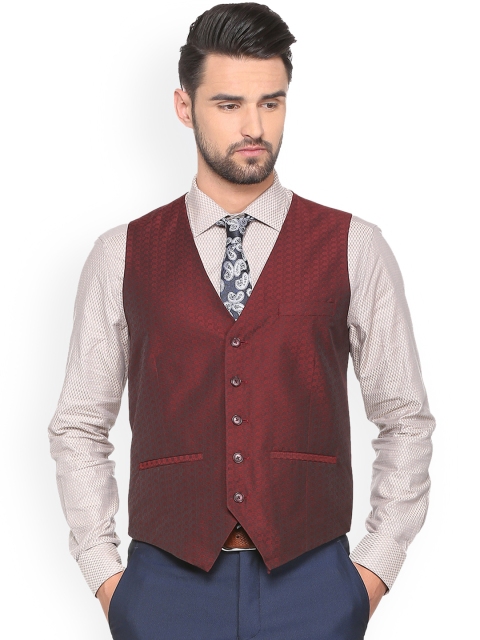 

Peter England Men Maroon Woven Design Waistcoat
