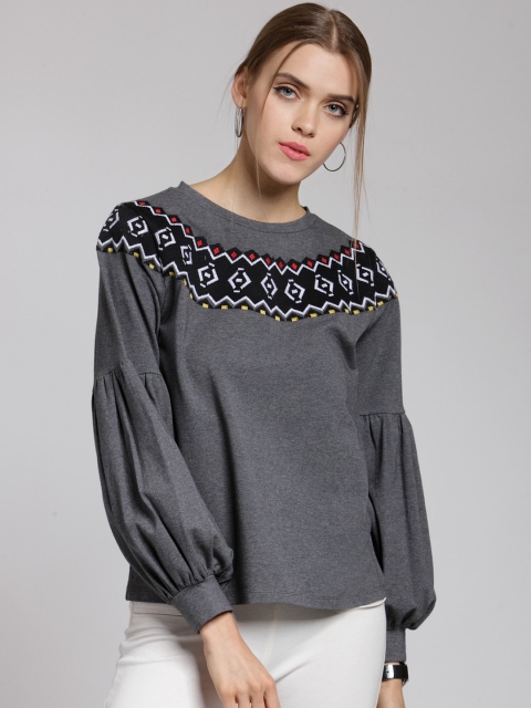 

plusS Women Grey Self Design Sweatshirt