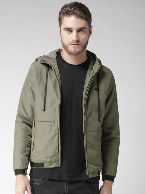 

Fort Collins Men Olive Green Solid Hooded Bomber Jacket