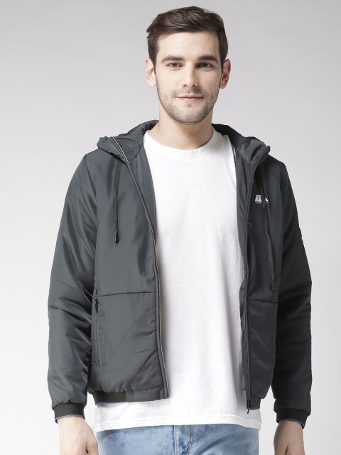 

Fort Collins Men Charcoal Grey Solid Hooded Bomber Jacket