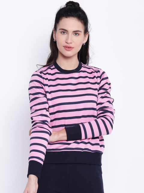 

Texco Women Pink & Navy Blue Striped Sweatshirt