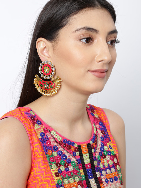 

Fida Gold-Toned & Red Meenakari Crescent Shaped Chandbalis