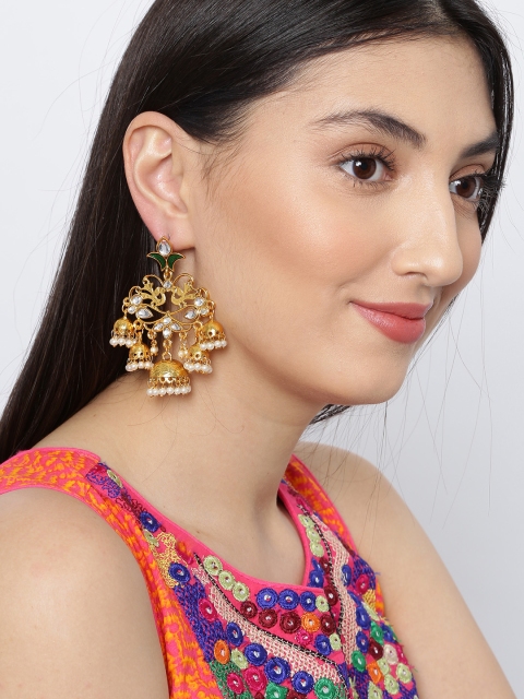 

Fida Gold-Toned & Green Beaded & Stone-Studded Drop Earrings
