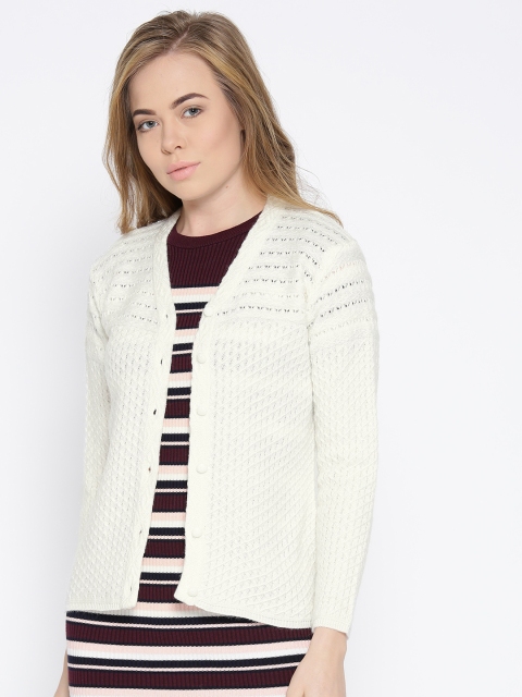 

Cayman Women White Self-Design Open Knit Woollen Cardigan