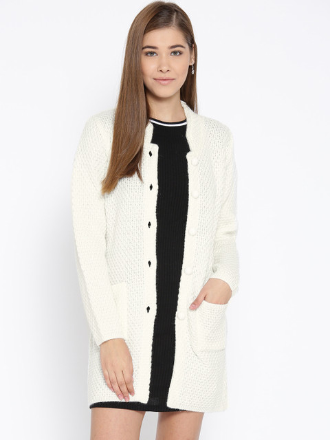 

Cayman Women White Self Design Woollen Longline Cardigan
