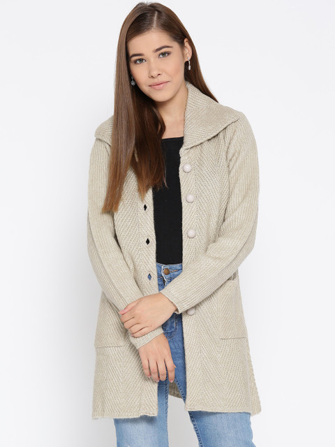 

Cayman Women Beige Self Design Woollen Cardigan
