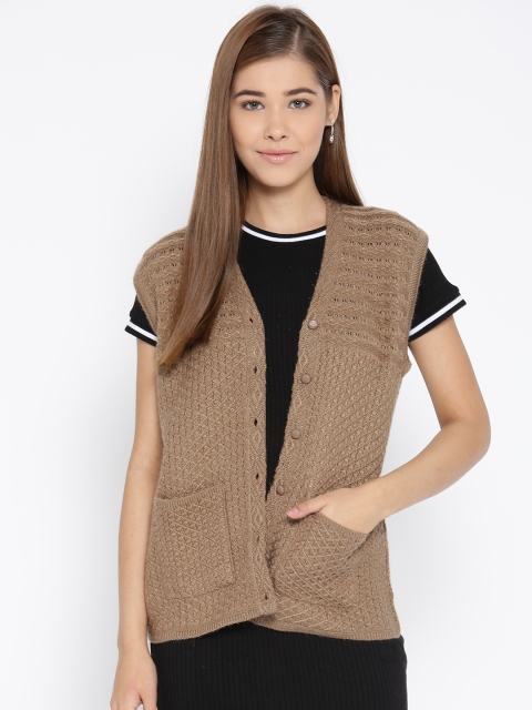 

Cayman Women Brown Self Design Sleeveless Woollen Cardigan