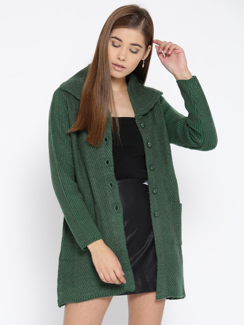 

Cayman Women Olive Green Self Design Woollen Cardigan