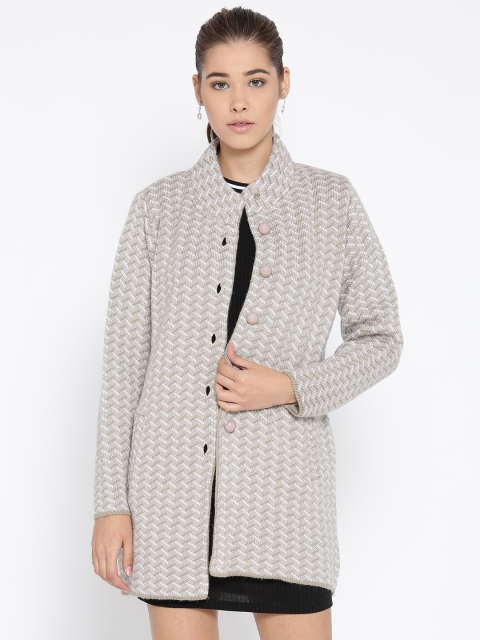 

Cayman Women Beige & White Self-Design Longline Cardigan