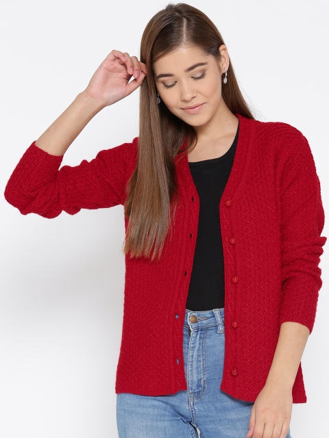 

Cayman Women Red Self Design Woollen Cardigan