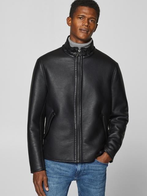 

ESPRIT Men Black Solid Biker Jacket