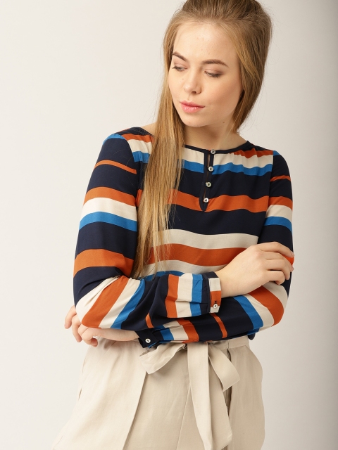 

ESPRIT Women Navy & Orange Striped Top, Navy blue
