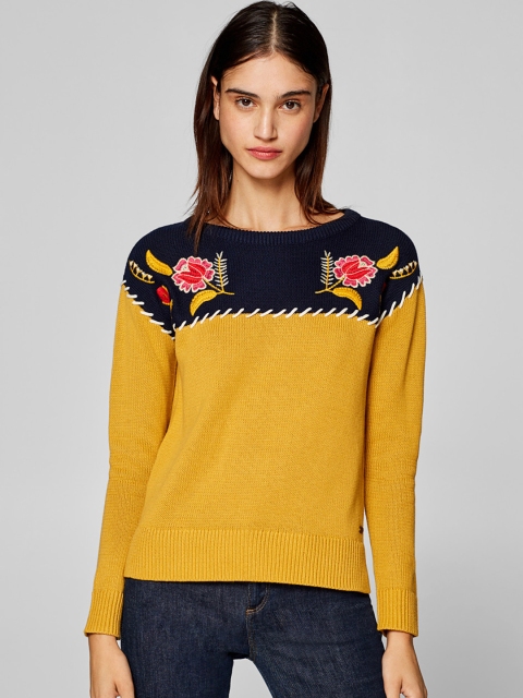 

ESPRIT Women Mustard Yellow & Navy Blue Colourblocked Pullover