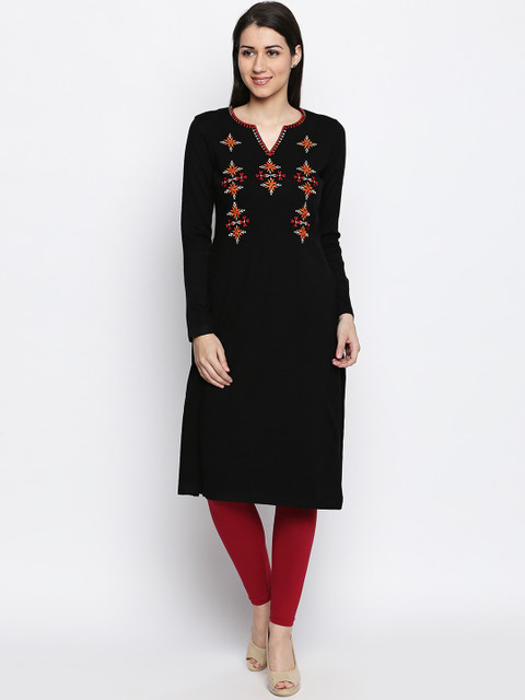 

RANGMANCH BY PANTALOONS Women Black Embroidered Straight Kurta