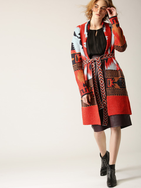 

ESPRIT Women Orange & Black Self Design Longline Front-Open Sweater