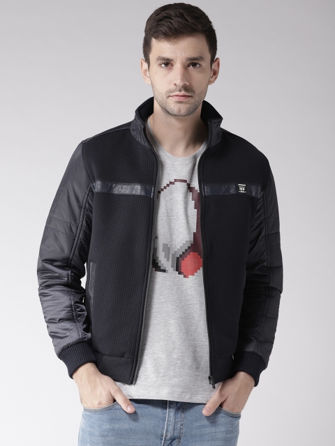 

Fort Collins Men Navy Blue Self-Checked Bomber Jacket