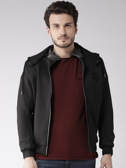 

Fort Collins Men Black Solid Bomber Jacket with Detachable Hood