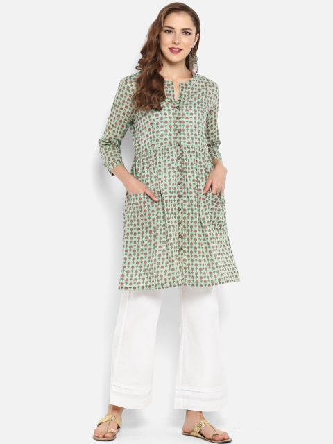 

Janasya Women Green & Pink Printed A-Line Kurta