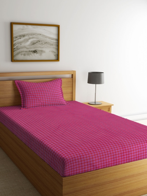 

NEUDIS Pink & Blue Checked Cotton Single Bed Cover with Pillow Cover