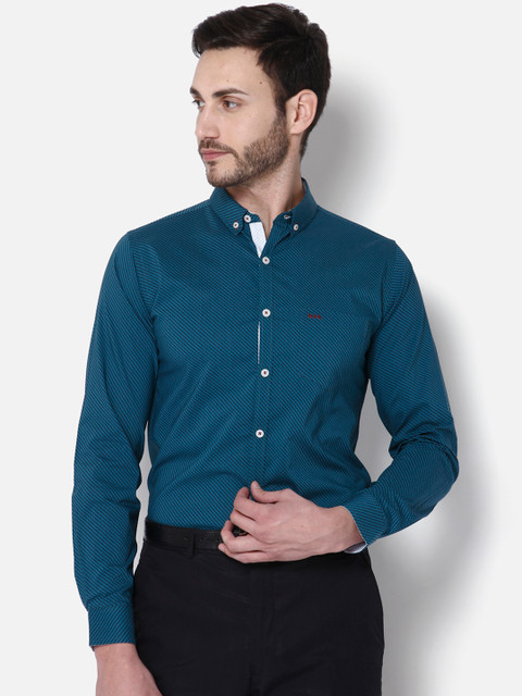 

URBAN SCOTTISH Men Teal Blue Slim Fit Striped Formal Shirt