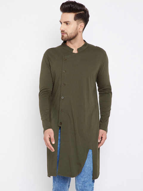 

Hypernation Men Olive Green Solid Straight Kurta
