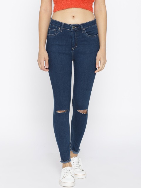

People Women Navy Blue Skinny Fit Mid-Rise Slash Knee Stretchable Jeans