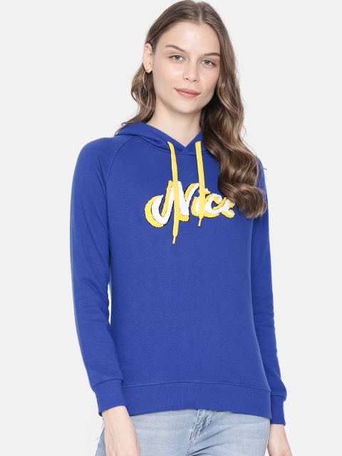 

People Women Blue Solid Hooded Sweatshirt With Applique Detailing