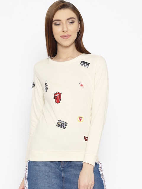 

People Women Cream-Coloured Applique Detail Sweatshirt