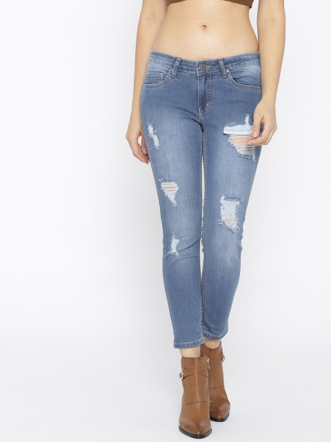 

People Women Blue Skinny Fit Mid-Rise Highly Distressed Stretchable Cropped Jeans