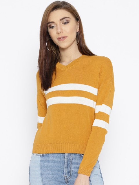 

People Women Mustard Yellow & White Striped Pullover