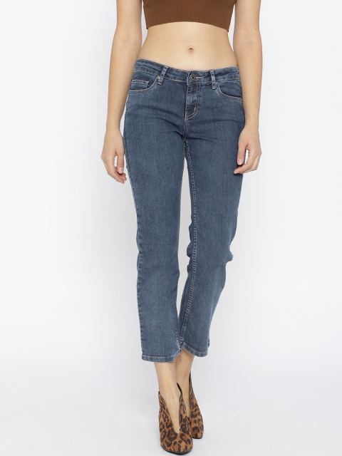 

People Women Blue Straight Fit Mid-Rise Clean Look Stretchable Cropped Jeans
