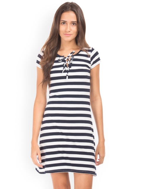 

Aeropostale Women Navy Blue Striped T-shirt Dress